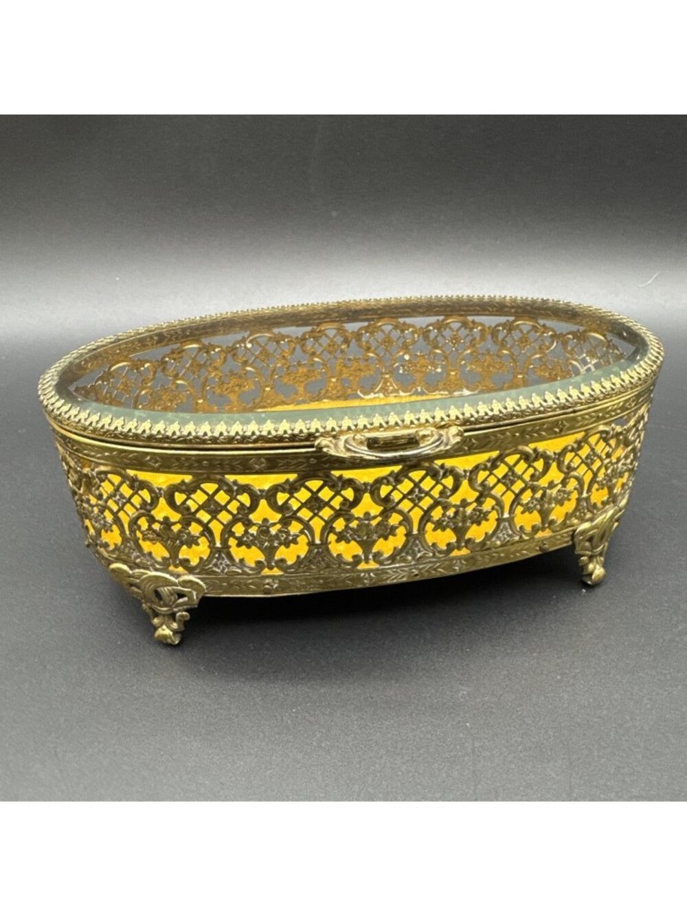 Vintage Ormolu Jewelry Casket Beveled Glass Lid Gold Filigree Trinket Box Footed